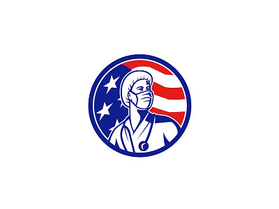 American Nurse Looking Up USA Flag Circle bouffant cap doctor essential worker healthcare worker icon mascot mask medical professional nurse scrub surgical mask