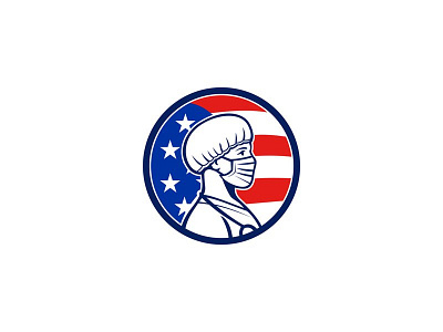 American Nurse Wearing Mask Side USA Flag Mascot bouffant cap doctor essential worker female nurse healthcare worker mascot medical professional nurse surgical mask unted states of america