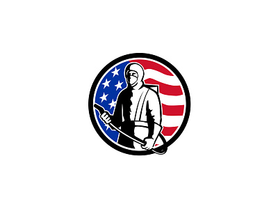 Industrial Worker Spray Disinfectant Standing USA Flag Retro disinfectant flag fumigation industrial worker medical professional pest exterminator respiratory protective equipment retro spraying