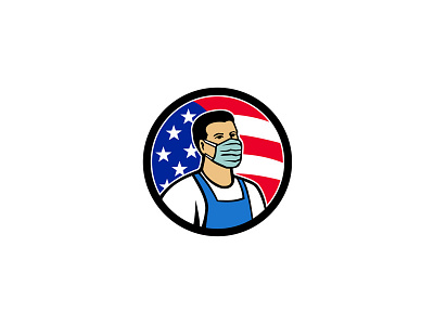 American Food Worker as Hero USA Flag Circle Icon essential worker food worker front line grocery hero mascot mask protective personal equipment supermarket warrior worker