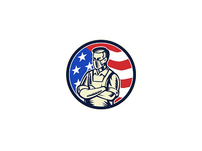 Food Worker Wearing Mask USA Flag Retro essential worker food worker grocer grocery hero mascot mask supermarket surgical mask