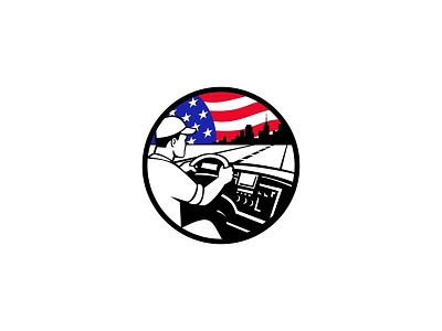 American Trucker Driving Highway USA Flag Circle Mascot driving essential worker front line frontline worker mascot mask semi truck trailer truck truck driver trucker