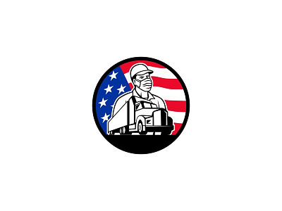American Trucker Wearing Mask USA Flag Circle Mascot essential worker front line frontline worker mascot mask semi truck surgical mask trailer truck truck driver trucker