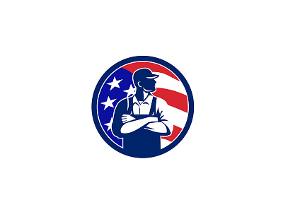 American Organic Farmer USA Flag Circle Retro agriculture arms folded farm worker farmer front line worker mascot organic stars stripes flag