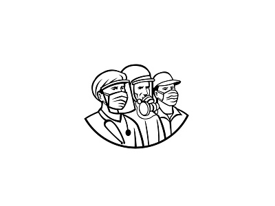 Essential Workers Wearing Mask as Heroes Black and White Retro doctor essential worker face mask healthcare hero icon mascot medical professional nurse protective personal equipment soldier