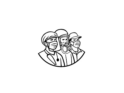 Essential Workers Wearing Mask as Heroes Black and White Retro doctor essential worker face mask healthcare hero icon mascot medical professional nurse protective personal equipment soldier