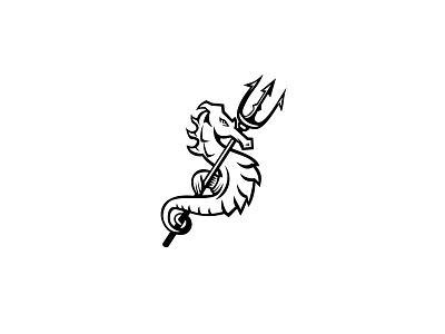 Seahorse With Trident Mascot Black and White fish head icon marine prehensile tail sea horse sea horse sea monster seahorse small trident