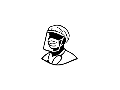 Medical Professional Wearing Face Mask Black and White doctor essential worker face mask healthcare hero icon mascot medical professional nurse protective personal equipment surgical mask