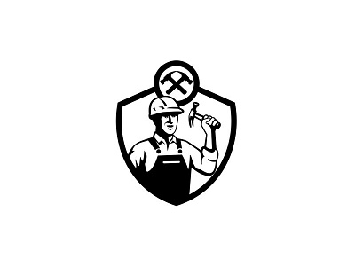 Builder Carpenter Holding a Hammer Shield Retro Black and White builder carpenter construction crest hammer industrial male man shield tool tradesman worker