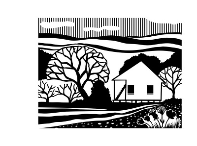 Cajun House Creole Cottage or Acadian Style Dwelling Stencil architecture building dwelling forest home house mascot porch retro screen printing stencil tree vintage woodcut