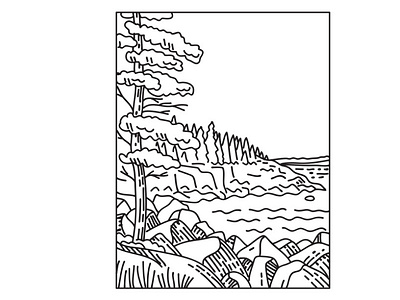 Acadia National Park on Mount Desert Island Mono Line Art