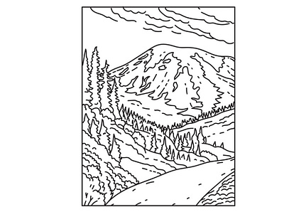 Mount Rainier in Mount Rainier National Park Mono Line Art conservation area