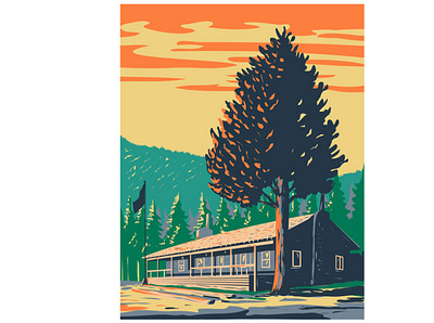 Roosevelt Lodge Cabins Located Yellowstone National Park WPA Art remote retro