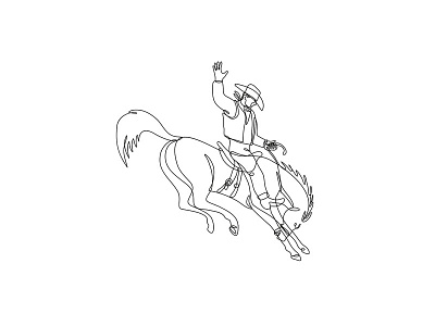 Rodeo Cowboy Rising a Bucking Bronco Continuous Line Drawing bucking bronco continuous line drawing cowboy equestrian horse mustang rancher riding rodeo rodeo cowboy stallion steer