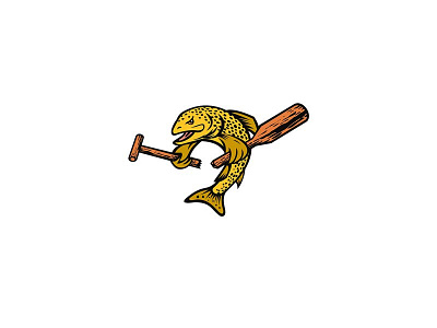 Brown Trout or Finnock Breaking a Paddle Cartoon Mascot Color breaking brown trout finnock fish mascot oar paddle peal salmon sea trout sewin trout