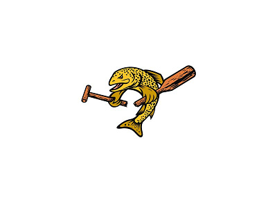 Brown Trout or Finnock Breaking a Paddle Cartoon Mascot Color