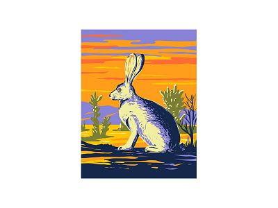 American Desert Hare in Joshua Tree National Park WPA Art illustration retro wildlife