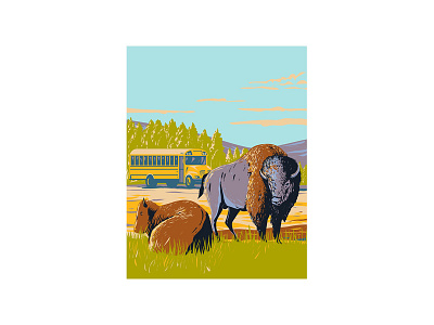 Wildlife Bus Tour and Bison in the Prairie of Yellowstone WPA illustration retro wildlife