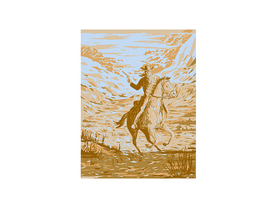 Cowboy Riding Horse in Plains of Wild West WPA Poster Art