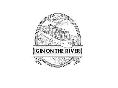 Gin on the River barge bottles drawing gin line drawing mono line oval river tree