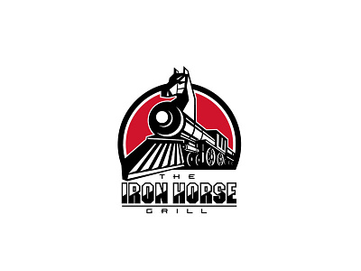 Iron Horse Grill circle horse iron horse locomotive logo retro steam train train