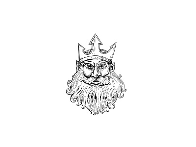Poseidon Wearing Trident Crown Woodcut black and white crown god of sea head neptune poseidon triton wearing trident woodcut