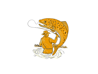 Fly Fisherman Reeling Trout Drawing