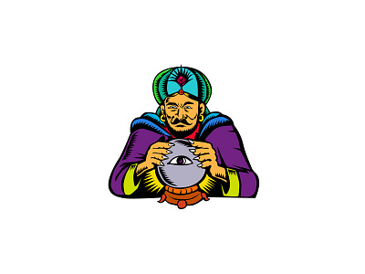 Fortune Teller With Crystal Ball Woodcut