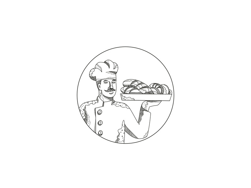 Baker Holding Bread on Plate Doodle Art commercial baker food platter loaf bread plate holding cook chef pastry chef baker doodle