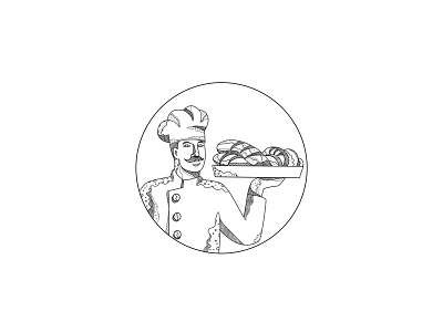 Baker Holding Bread on Plate Doodle Art baker bread chef commercial baker cook doodle food holding loaf pastry chef plate platter