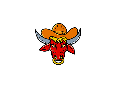 Bull Cowboy Hat Mono Line Art