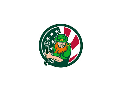 Irish-American Mechanic USA Flag Icon american icon irish irish american leprechaun mascot mechanic spanner tool tradesman worker wrench