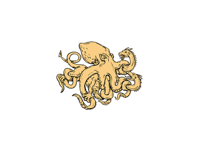 Giant Octopus Fighting Hydra Drawing drawing fighting giant octopus grappling hydra lernaean hydra many headed serpent octopus serpent