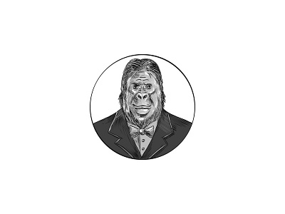 Gorilla Wearing Tuxedo Drawing animal ape business suit doodle drawing elegant gorilla hipster monkey primate primitive shading silver back gorilla suit tie tuxedo well groomed