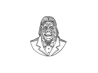 Gorilla Wearing Tuxedo Bust Monoline ape business coat and tie dinner jacket elegant evening wea gorilla line drawing monkey mono line mono weight monoline primate semi formal suit tux tuxedo