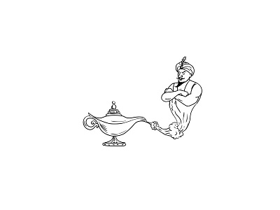 Genie Coming Out of Oil Lamp Black and White Drawing