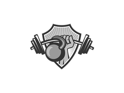 Hand Lifting Barbell Kettlebell Crest Grayscale artwork barbell bodybuilder crest exercise fitness hand illustration kettle bell kettlebell lifting shield strength strong training weightlifting weights