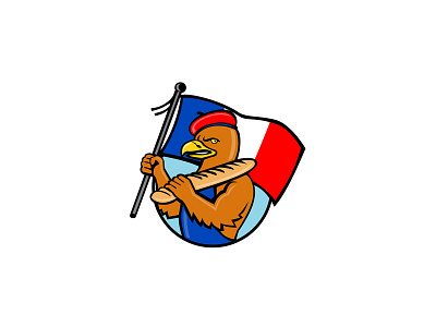 French Eagle Holding Flag and Baguette Cartoon baguette baked bakery bread bun caricature cartoon circle drawing eagle flag food france french french eagle french tricolour loaf tricolor flag tricolore tricolour