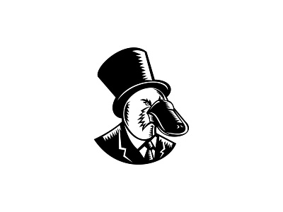 Platypus Wearing Tophat Woodcut Black and White