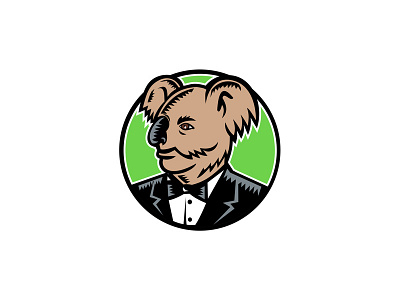 Koala Wearing Tuxedo Woodcut Color arboreal herbivorous marsupial black tie bowtie business suit businessman coat and tie dinner jacket elite engraving fluffy ears koala koala bear looking marsupial menswear officer worker retro tie tuxedo woodcut