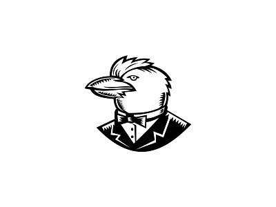 Kookaburra Wearing Tuxedo Woodcut Black and White