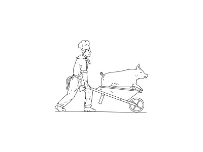 Chef With Wheelbarrow and Pig Drawing Black and White baker boar butcher chef cook domestic pig doodle drawing engraved food worker hand drawn hog male man meat pig pork swine wheelbarrow worker