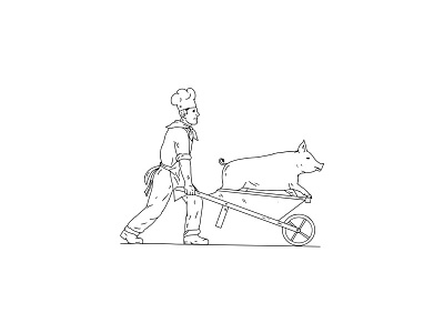 Chef With Wheelbarrow and Pig Drawing Black and White