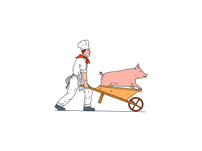 Chef Pushing Wheelbarrow and Pig Color Drawing baker boar butcher chef cook domestic pig doodle drawing engraved food worker hand drawn hog male man meat pig pork swine wheelbarrow worker