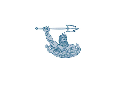 Poseidon Wielding Trident Drawing cross hatch crown doodle drawing engraved greek god greek mythology hand drawn handmade ink king line drawing messenger of the sea mythology poseidon sea shading trident triton waves