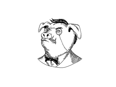 Aristocratic Pig Monocle Black and White Drawing