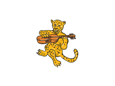 Happy Jaguar Playing Acoustic Guitar Cartoon acoustic guitar big cat caricature cartoon cat color down feline guitar happy happy jaguar jaguar joyful leopard music musical instrument playing seated sitting string instrument