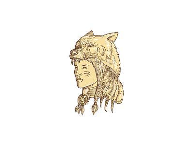 Native American Woman Wearing Wolf Headdress amazon canine doodle drawing engraved female head headdress headgear headwear indian lady native american shading side war bonnet warrior wolf wolf headdress woman