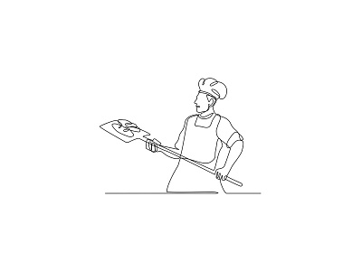 Baker With Oven Peel Continuous Line apron baker chef continuous line cook food worker hat line drawing male man mono line mono weight monoline oven peel peel pizza peel single thickness toque hat unbroken wire look