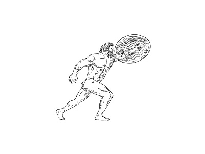 Heracles With Shield Urging Forward Drawing Black and White cross hatch crosshatch doodle drawing engraved forward god greek divine hero hand drawn handmade heracles hercules ink line drawing moving pointing roman hero shading shield urging